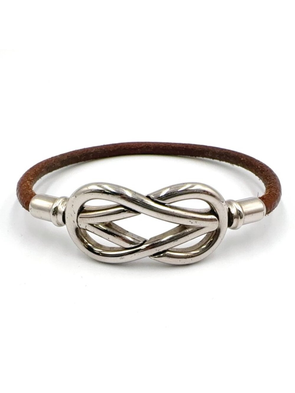 Hermes Leather Metal Silver Dark Brown Bracelet